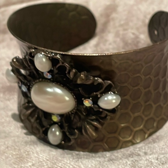 Bronze Honeycomb Faux Pearl Rhinestone Bracelet Cuff 6-9” Southwestern Style - Picture 5 of 7